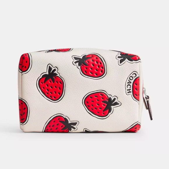 Coach Essential Cosmetic Pouch With Strawberry Print in Chalk Pebble Leather NWT - Picture 7 of 14